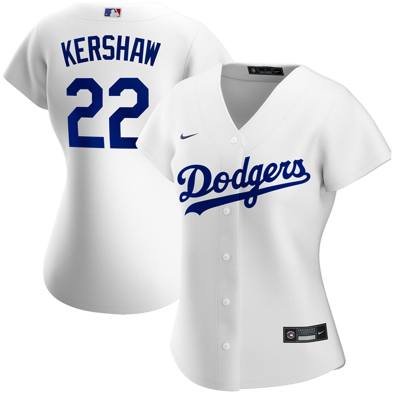 2020 MLB Women Los Angeles Dodgers Clayton Kershaw Nike White Home 2020 Replica Player Jersey 1
